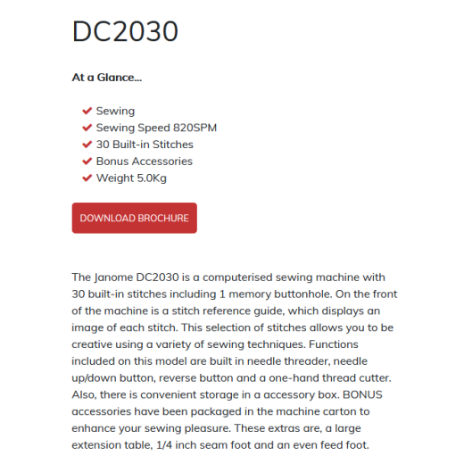 note all the features on the Janome dc2030 sewing machineDc2030 At A Glance